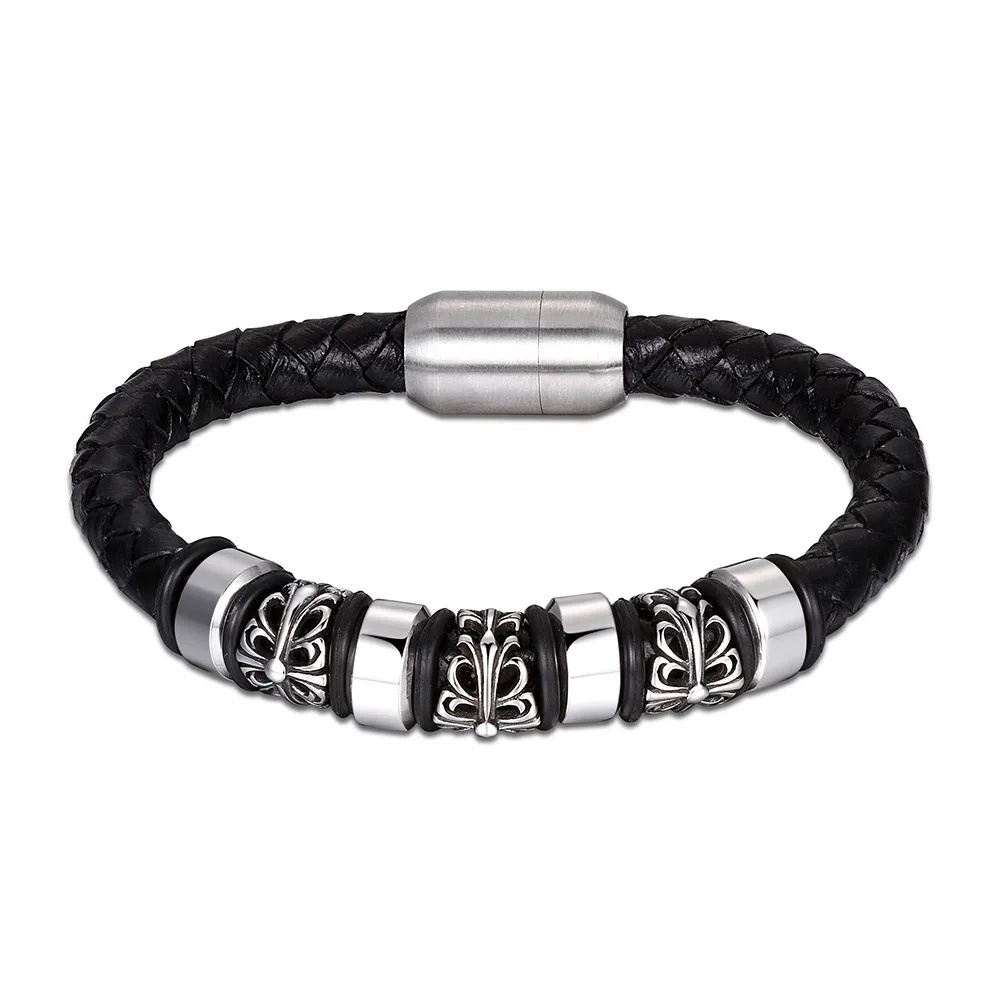 Fashion Men's Bracelet Stainless Steel Leather Woven Cross Bracelet Men Street Hip Hop Men's Jewelry 1