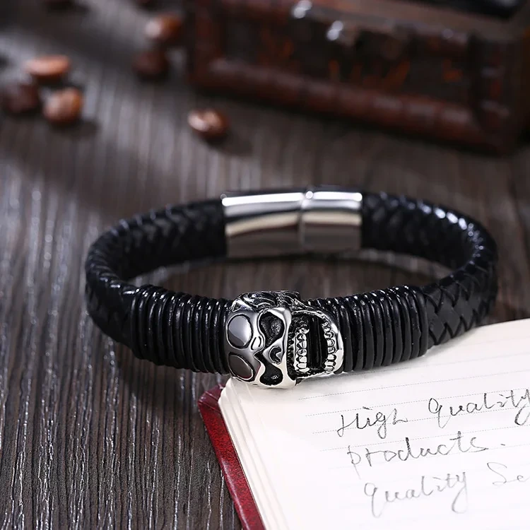 Fashion Punk Men's Leather Woven Bracelet Skeleton Stainless Steel Jewelry Bracelet 1
