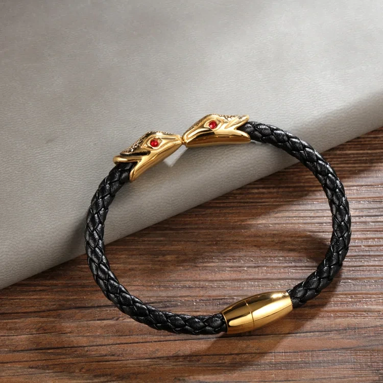 Fashion Men's Woven Leather Bracelet Trendy Double Snake Diamond Eyes Totem Symbolic Men's Stainless Steel Jewelry 1
