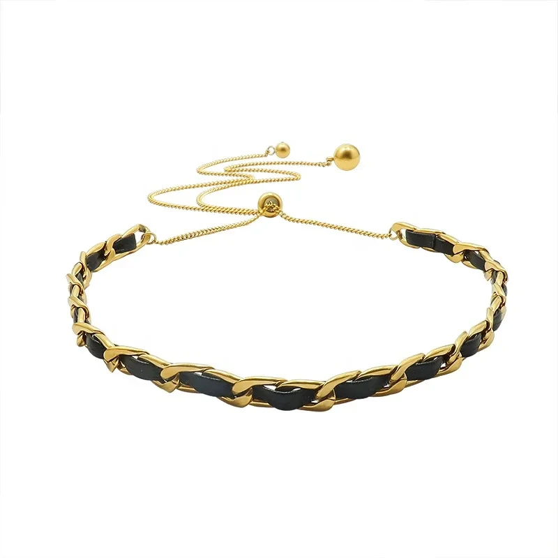 Titanium Steel With Tassel Drawable Pendants Gold Color Collarbone Leather Choker Necklace Chain New Trendy 1