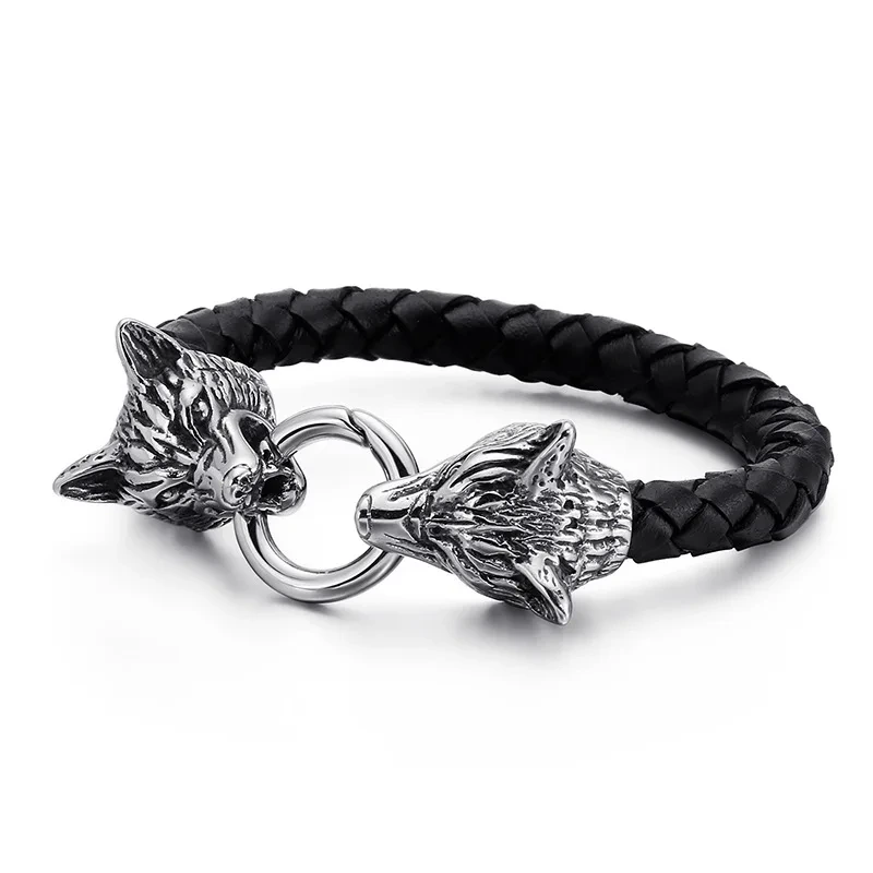 Fashion Men Jewelry Titanium Steel Double Tiger Head Bracelet Stainless Steel Wolf Skull Braided Leather Bracelet 1
