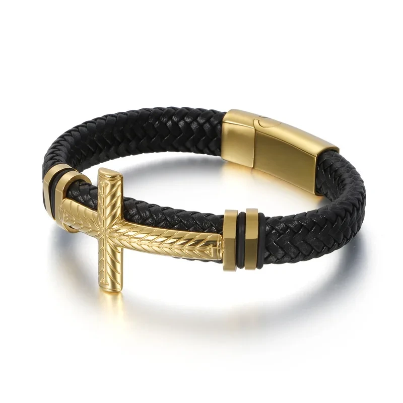 New Fashion Creative Men's Stainless Steel Jewelry Braided Cowhide Cross Bracelet 1
