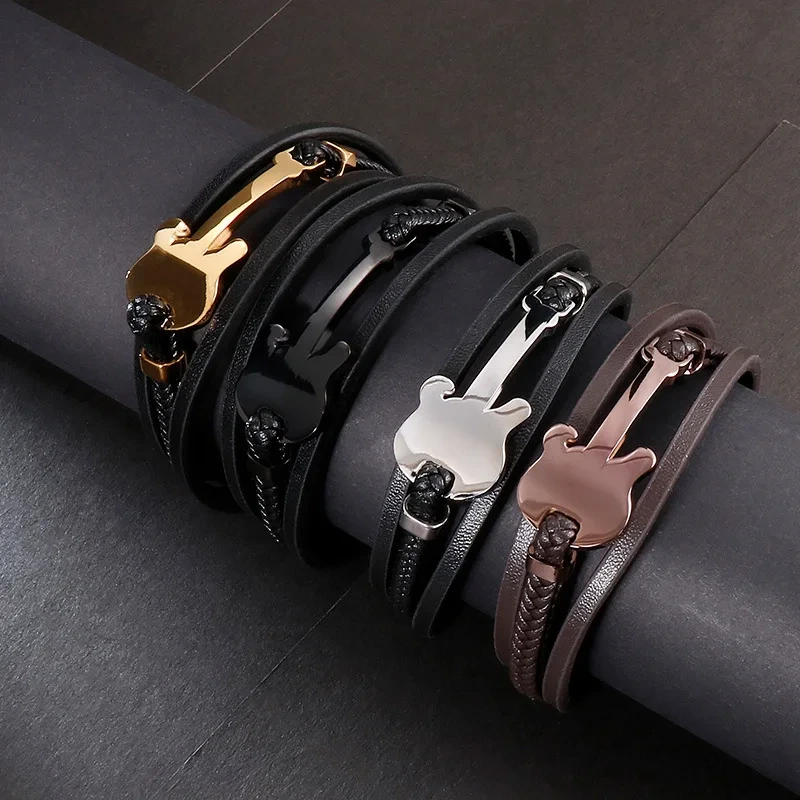Retro Titanium Steel Mini Guitar Leather Rope Braid Multi-layer Bracelet Woven Leather Bracelet Men Jewelry Wholesale 1