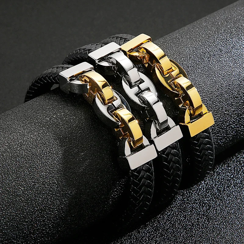 Popular Gold Plated Bracelet Fashion Trendy Braided Cowhide Hand Jewelry Men's Titanium Steel Bracelet 1