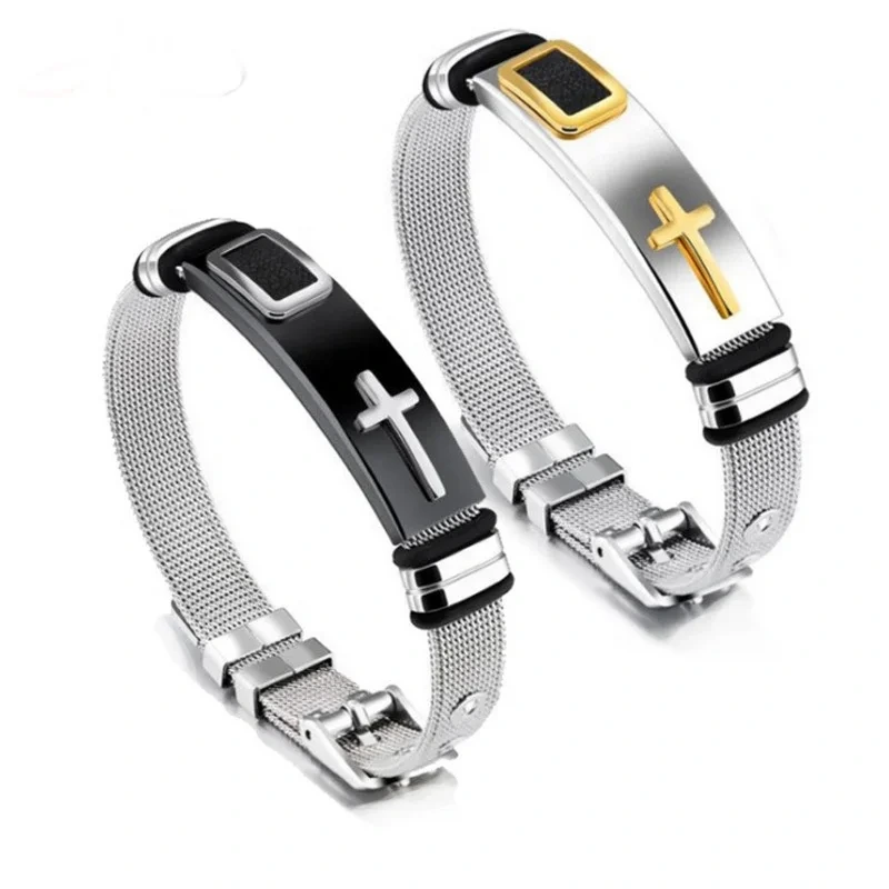 Wholesale 316l Stainless Steel Gold And Black Mesh Cross Bangles High Quality Cross Bracelet For Men 1