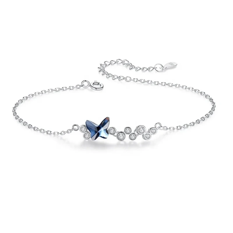 Elegant S925 Sterling Silver Bracelets For Women Girls Luxury Austrian Blue Crystal Butterfly Bracelet Anti-allergy Bracelet 1