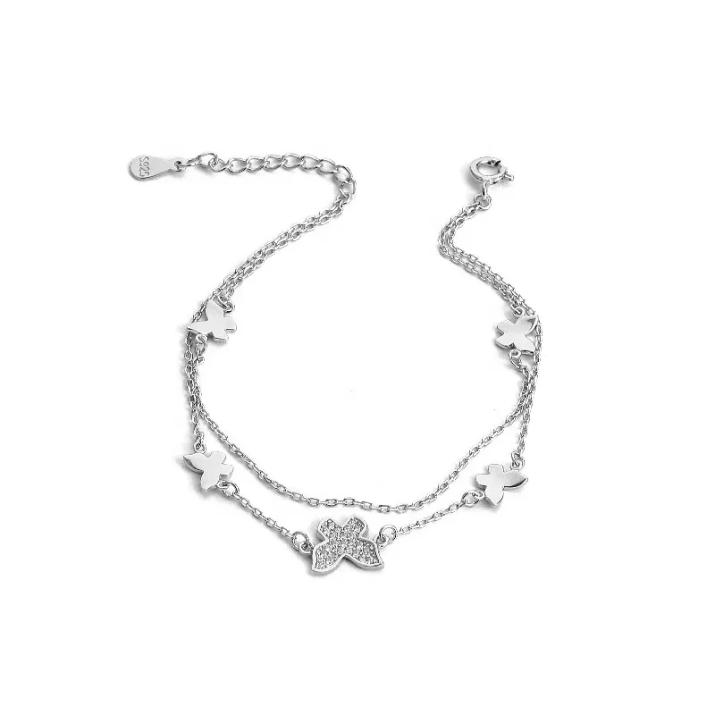 2023 New Geometric Women Handmade 925 Sterling Silver Butterfly Charm Double Chain Bracelet For Girls 1