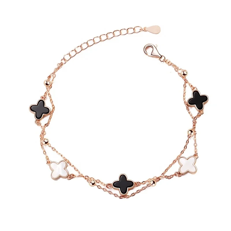 925 Sterling Silver Four-leaf Clover Agate Seashell Charm Bracelet 1