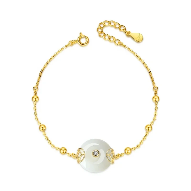 S925 Silver Hetian White Jade Bead Bangle Gold Plated Women Bracelet 1