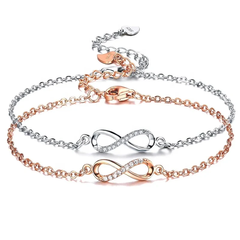 925 Sterling Pure Silver Bracelet Women Diamond Number 8 Bow Knot Charm Bracelet 1