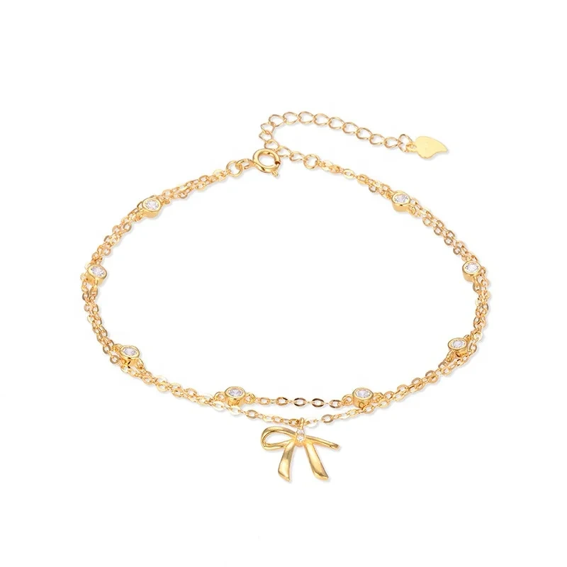 S925 Sterling Silver Fashion Gold Plated Bracelet Fancy Girls Cute Zircon Diamond Knot Ribbon Bow Charm Bracelet 1