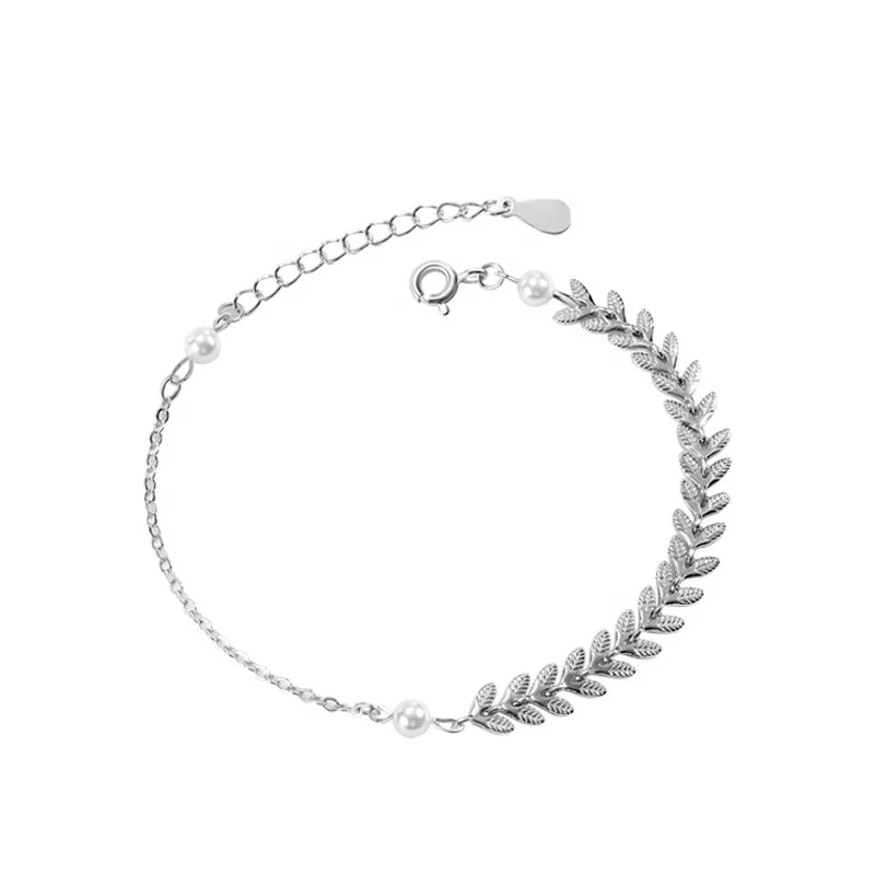 Real 925 Sterling Silver Leaf Synthetic Pearl Charm Bracelet For Women Wheat Ears Adjustable Chain For Wedding Party 1