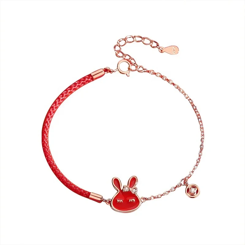 S925 Sterling Silver Animal New Year Red Rope Small Cute Zircon Rabbit Gold Plated Handmade Adjustable Bracelet For Girls 1