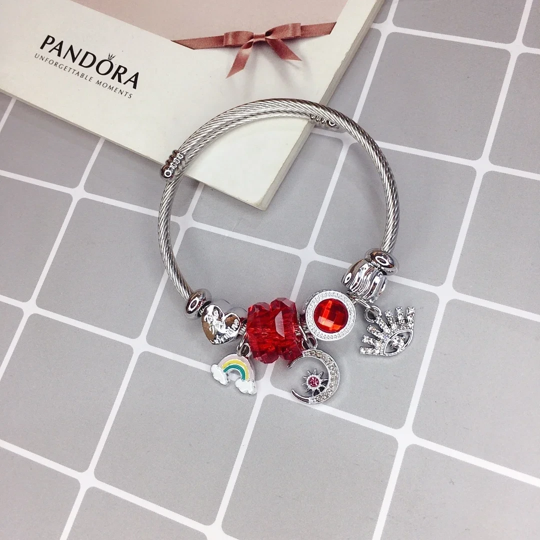 Pan Dora Titanium Steel Charm Bracelet Open Adjustable Hand Jewelry Moon Hot Air Balloon Rainbow Wholesale 1