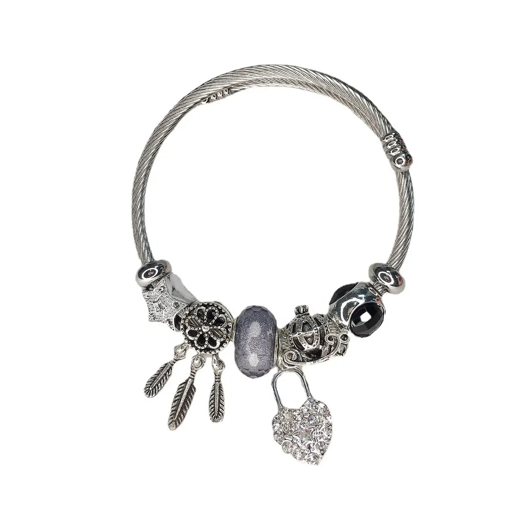 Open Charm Bracelet Dreamcatcher Electroplating Diy Heart Lock Stainless Steel Bracelet Wholesale 1