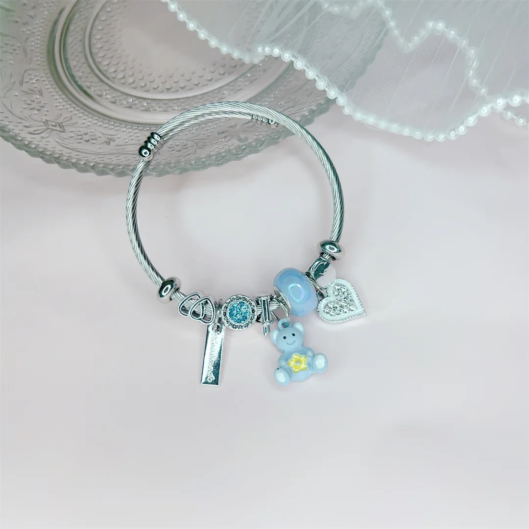 Pandor Titanium Steel Band Bracelet Diy Cute Bear Rabbit Stidee Animal Charm Bracelet Women Jewelry Wholesale 1
