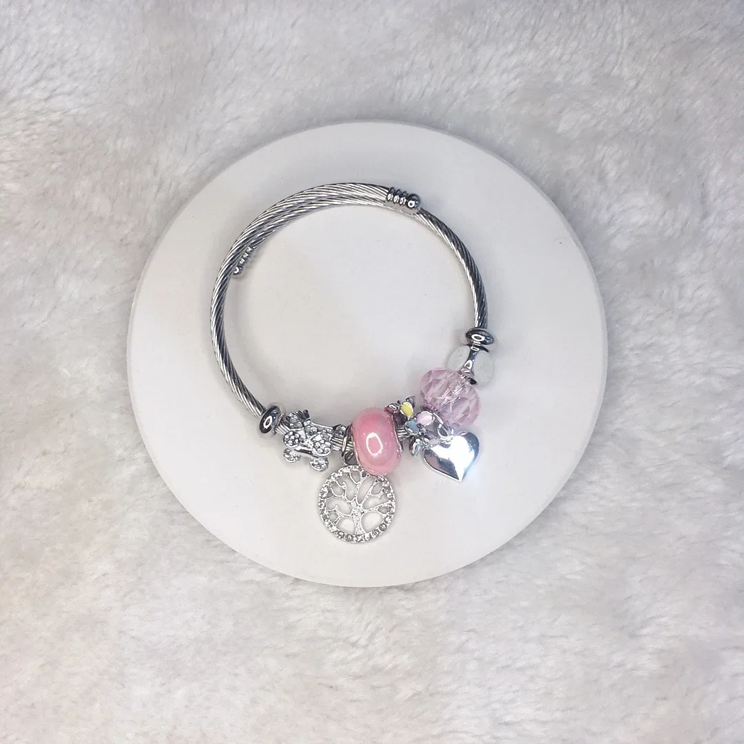 Pandor Girl Hand Decorated Pink Crystal String Boudoir Love Life Tree Rainbow Cartoon Stainless Steel Charm Bracelet 1