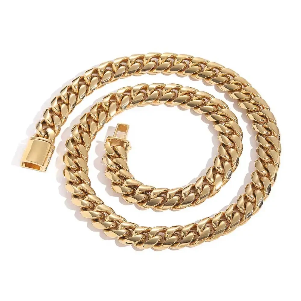 Hip Hop Stainless Steel Necklace Vintage Cuban Chain Flip Button Gold Round Grind Encrypted Cuban Link Chain Men 1