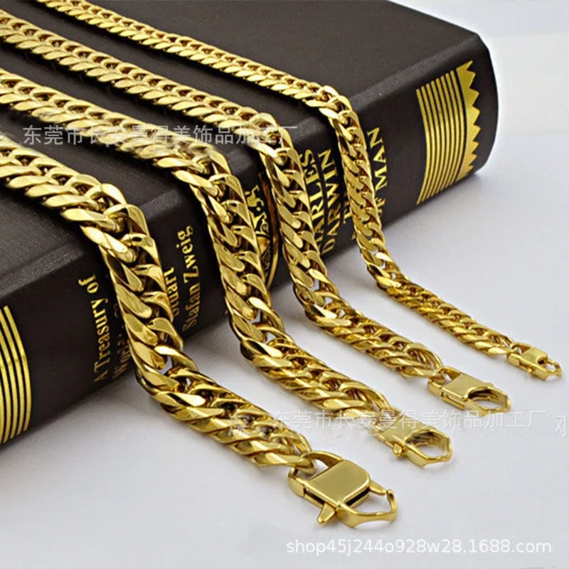 Hot Cuban Chain Stainless Steel Necklace Double Buckle Woven Six-sided Grinding 18k Gold Electroplating Necklaces 1