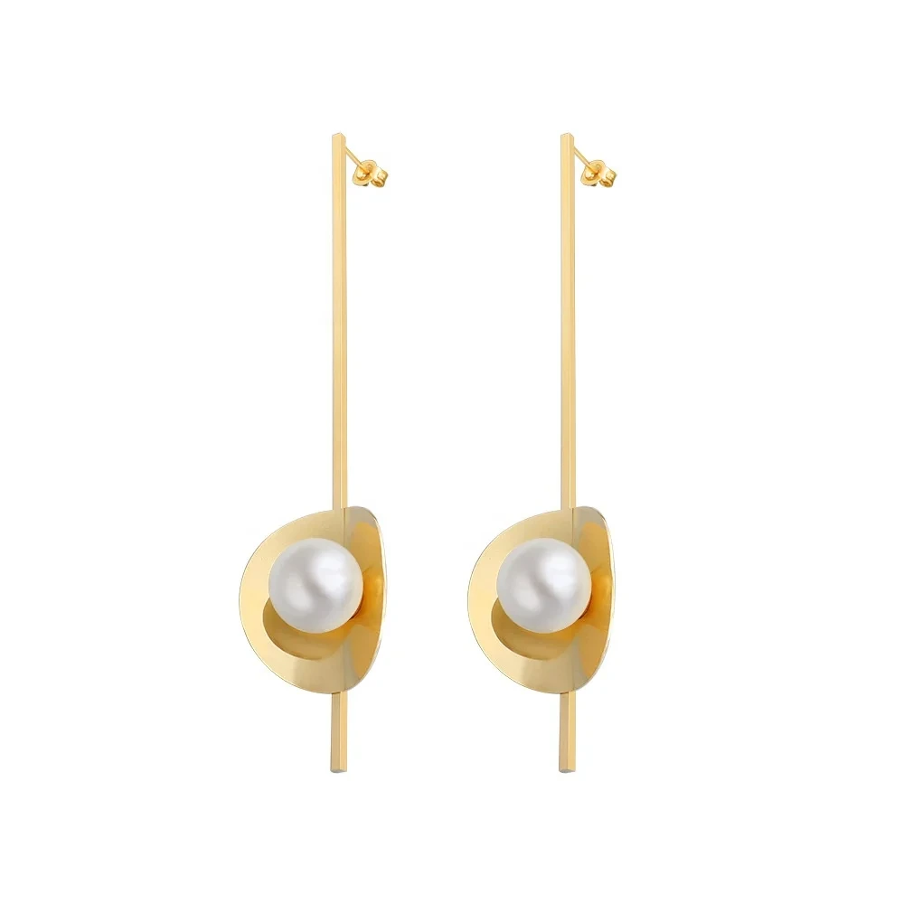 18k Gold Exaggerated Abs Pearl Earrings Stainless Steel Earrings Anti-allergy Long Earrings For Girl 1