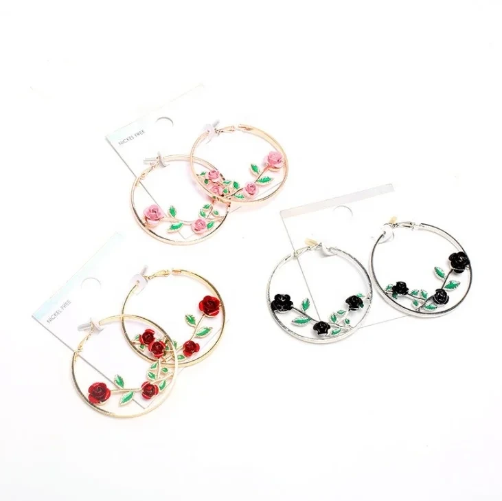 Hot Sale Trendy Big Women Earrings Multi Color Rose Flower Exaggerated 5mm Hoop Huggies Earrings 1