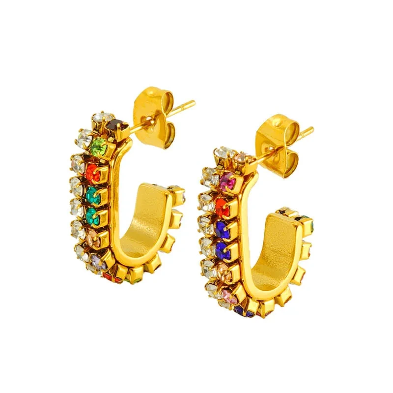 Stainless Steel Luxury Shiny Waterproof Full Zircon U Shape Earrings 18k Gold Plated Hoop Stud Earrings For Women 1