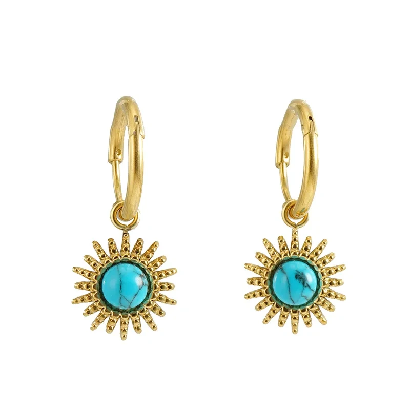 Retro 18k Gold Sunflower Earrings Blue Stainless Steel Titanium Steel Blue 18k Gold Plated Trendy Drop Earrings 1