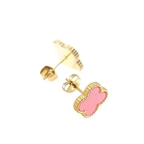 Wholesale Cheap Fashion Titanium Steel 18k Gold Pink,Green,Blue Black Four Leaf Clover Stud Earrings Anti Allergic Jewelry 1