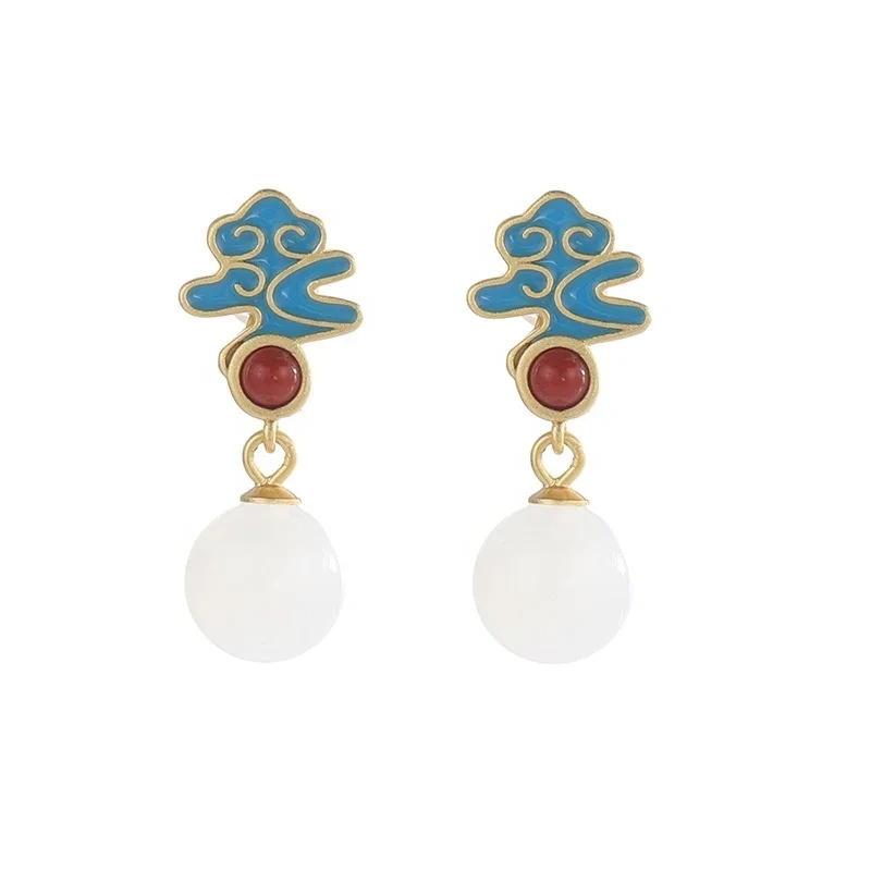S925 Sterling Silver Hetian White Jade Cloud Earrings Female Retro Gemstone Diamond Earring For Women 1