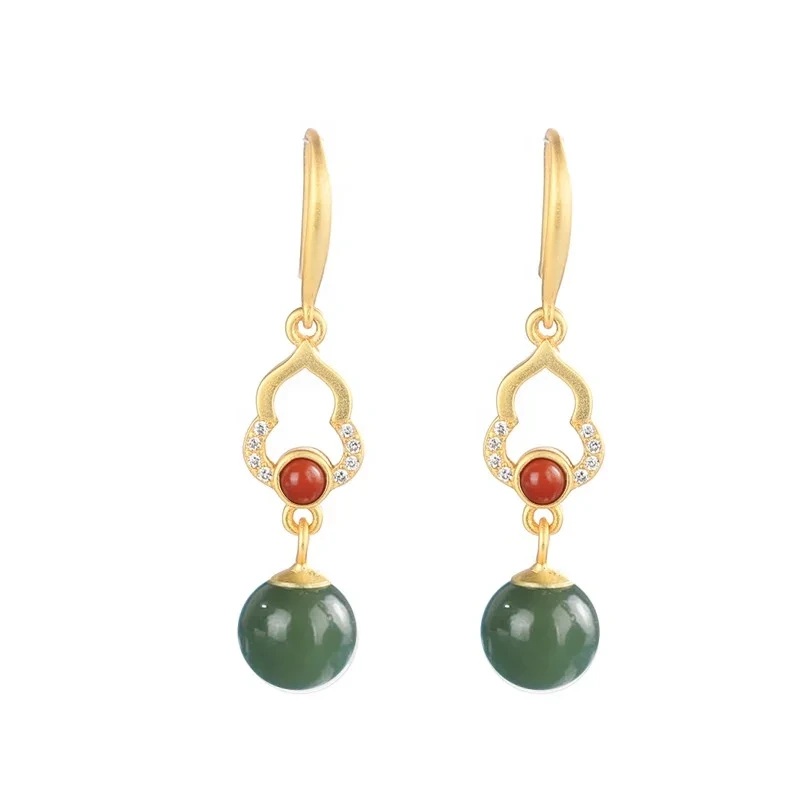 Retro Design 925 Silver Earrings Inlaid With Red Moss Agate Gemstone Ancient Chinese Gourd Earrings 1