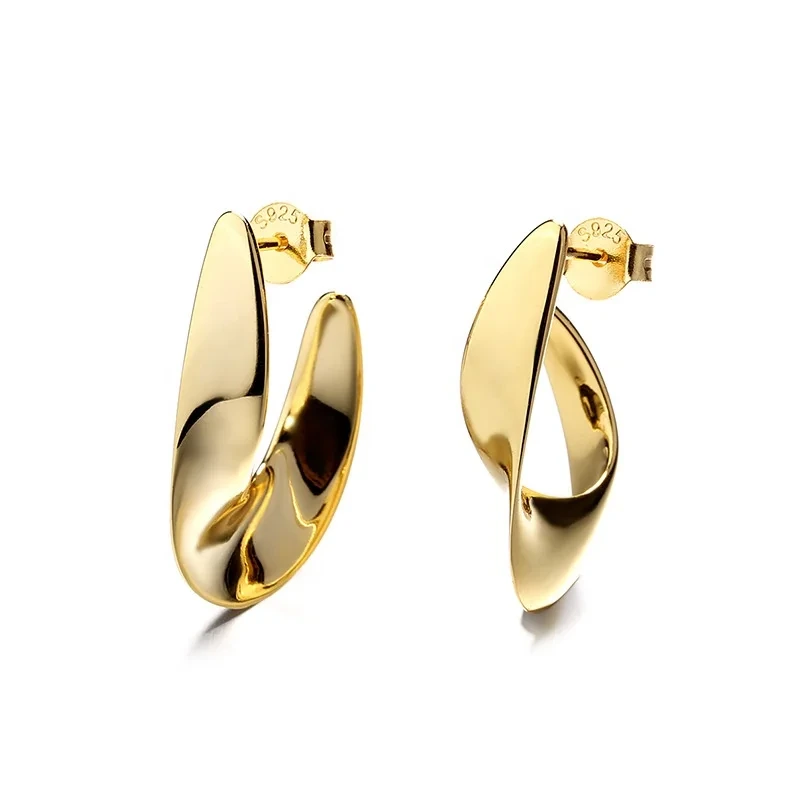 925 Sterling Silver U Shaped Hoop Earrings Minimalist Gold Plating High Polished Irregular Geometric Circle Earrings 1