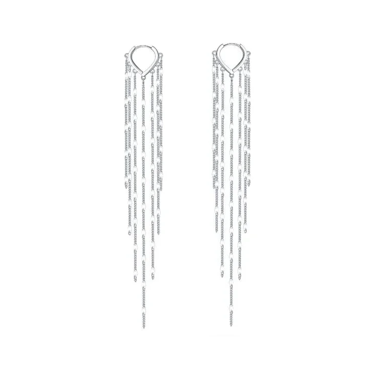 Fashion New Long S925 Sterling Silver Hoop Earings Shiny Tassel Silver Earrings 1
