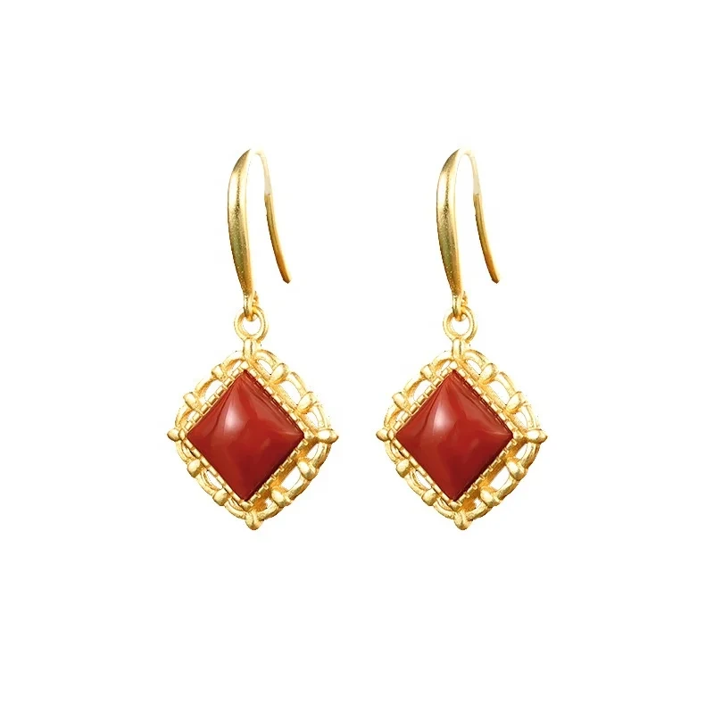 Retro S925 Sterling Silver Gold Plated Jewelry Fashion Jewelry Rhombus Red Agate Earrings Chinese Style For Girls 1