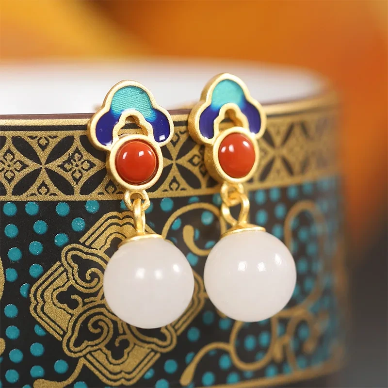 S925 Sterling Silver Hetian White Jade Stud Earrings Retro Gold Plated Court Style Hetian Jade Baked Blue Round Agate Earrings 1