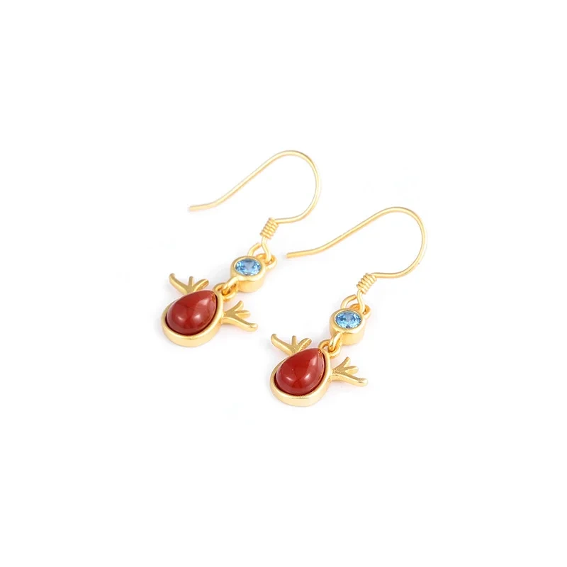 925 Silver Gilded Craftsmanship Waterdrop Decorated With Blue Zirconia South Red Agate Deer Horn Earrings Wholesale 1