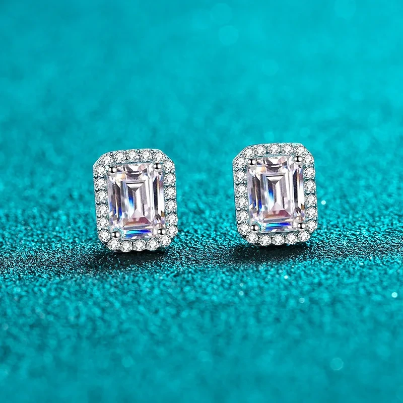 925 Sterling Silver Emerald Cut Jewellery Western Girls Moissanite Cluster Earring 4 Carat Big Square Diamond 1