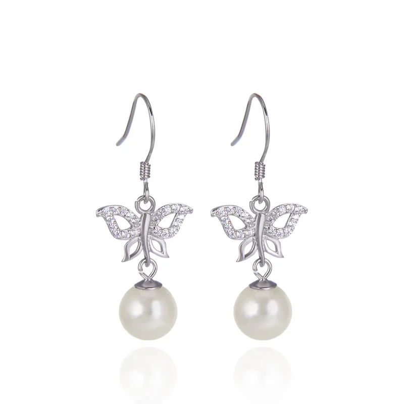 Factory Wholesale High Quality S925 Sterling Silver Diamond Butterfly Shape Pearl Earrings Woman Luxury 1