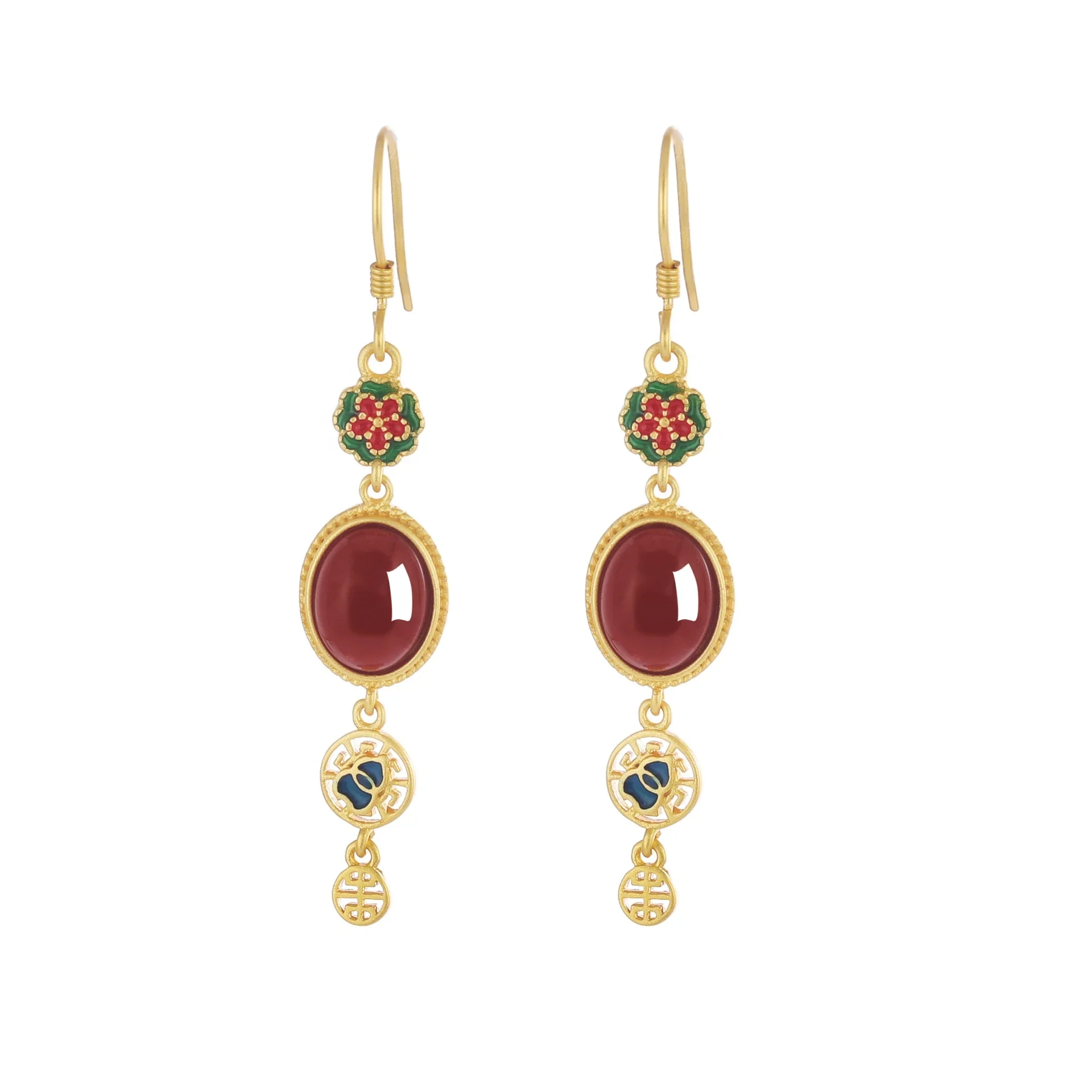 Classic S925 Silver South Red Agate Ear Hook Female Ethnicity Earing Good Luck Hotan Jade Hollow Gourd China Earrings 1