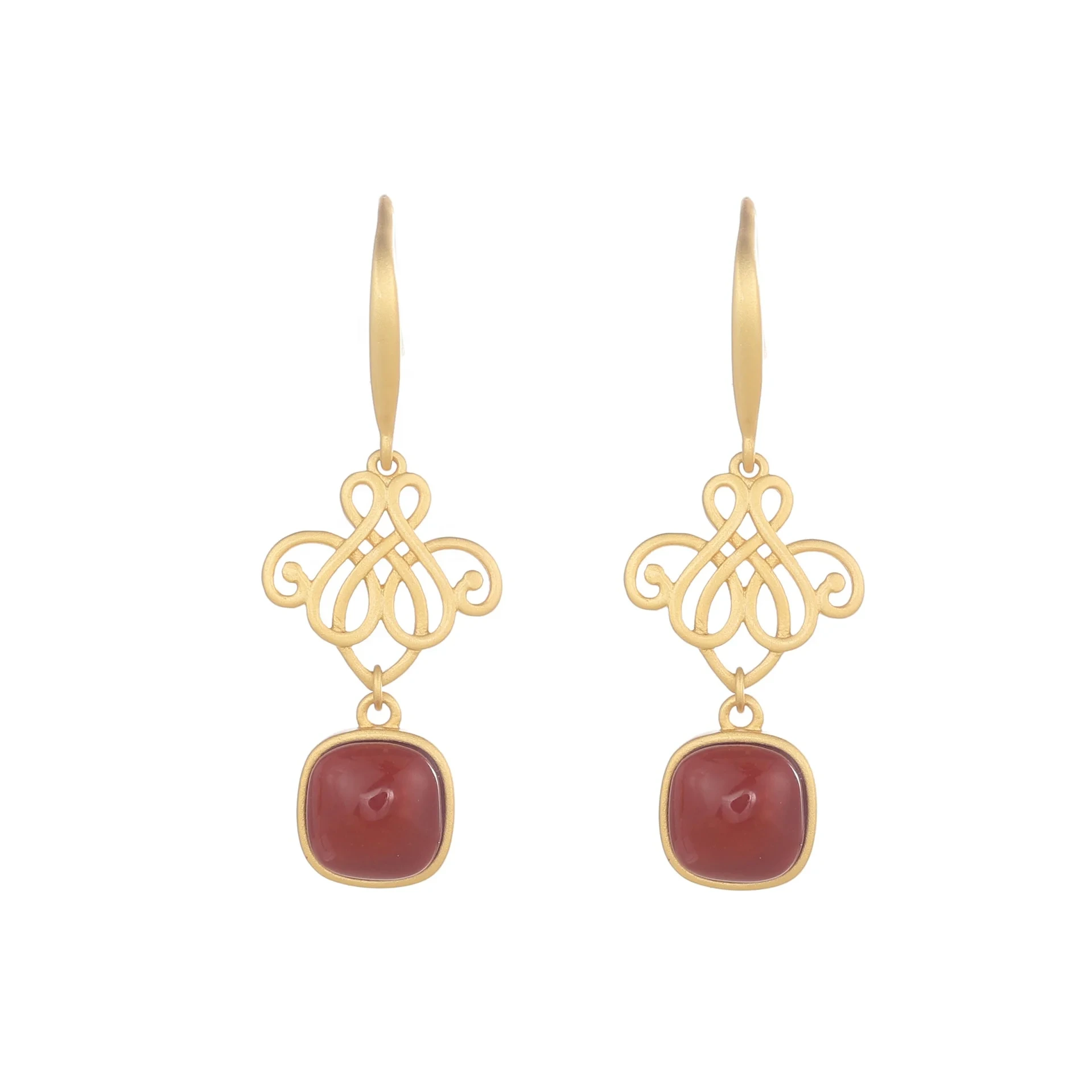 S925 Sterling Silver Gold Plated Geometric Square Earring Hooks Classic Hoop Earrings With Red Agate 1