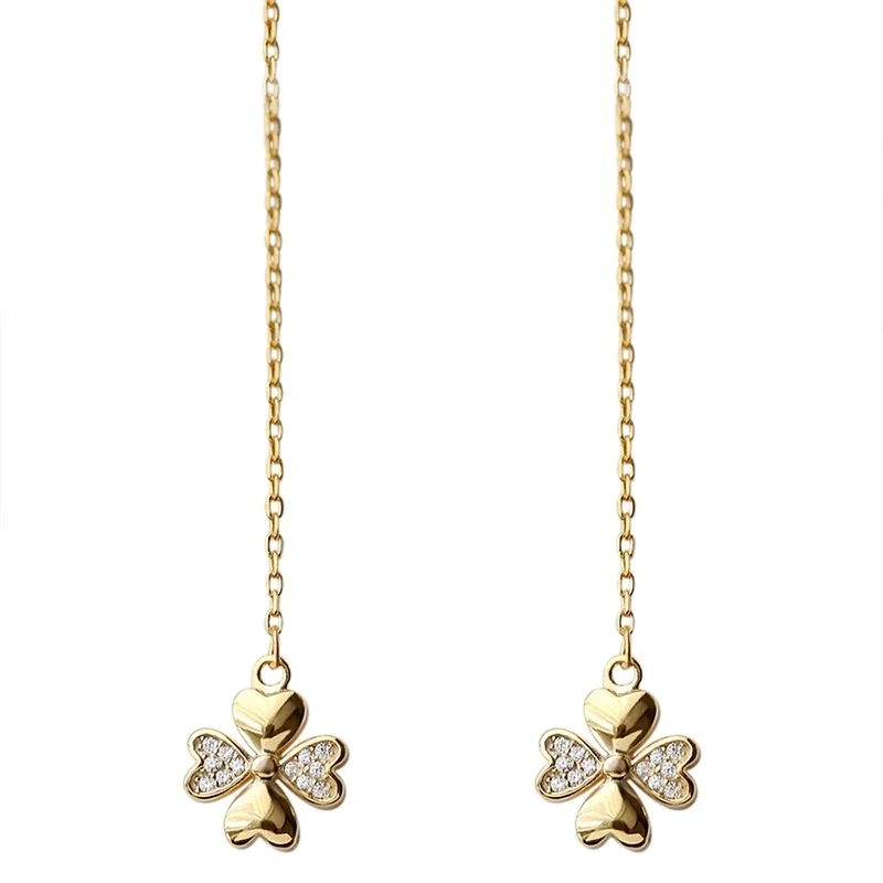 New Japan And Korean Trendy S925 Sterling Silver Four Leaves Clover Earring Flower Gold Long Line Earrings 1
