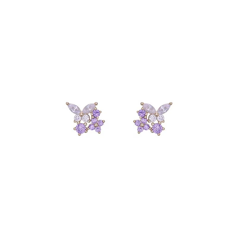 Delicate 925 Sterling Silver Needle Purple Cute Cz Crystal Lavender Purple Butterfly Stud Earrings For Woman 1