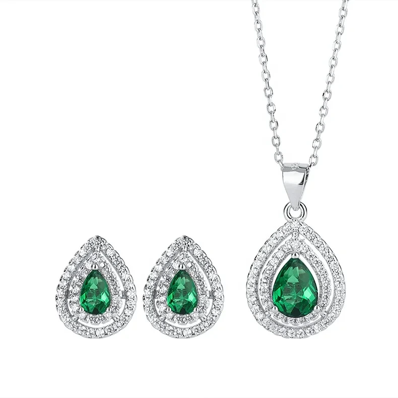 Novo personalizado esmeralda cristal zircão feminino anel brincos colar 925 prata diamante conjunto de jóias para casamento 1