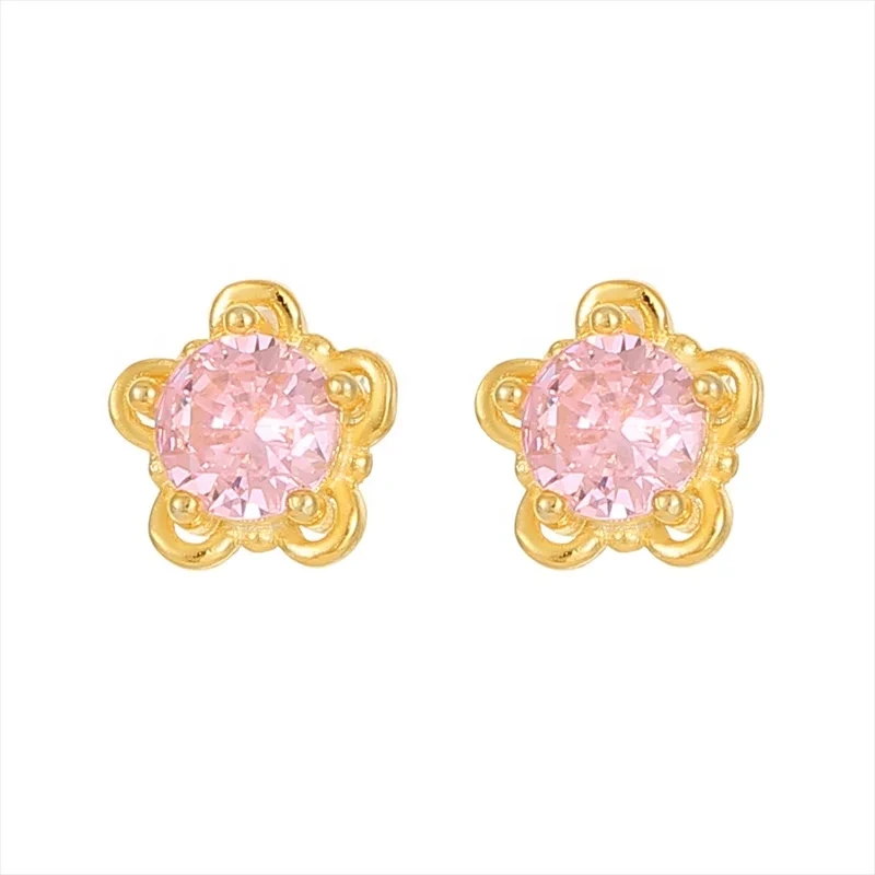 S925 Silver Small Flower Earrings Stud Heart Pink Zircon Five Petal Flower Earrings Stud For Girls 1