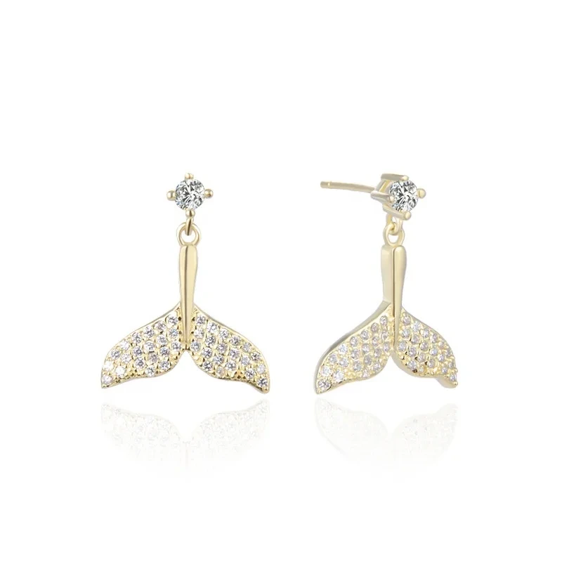 Fashion Earrings S925 Sterling Silver Gold Plated Zircon Earrings Fairy Tale Mermaid Tail Stud Earrings 1