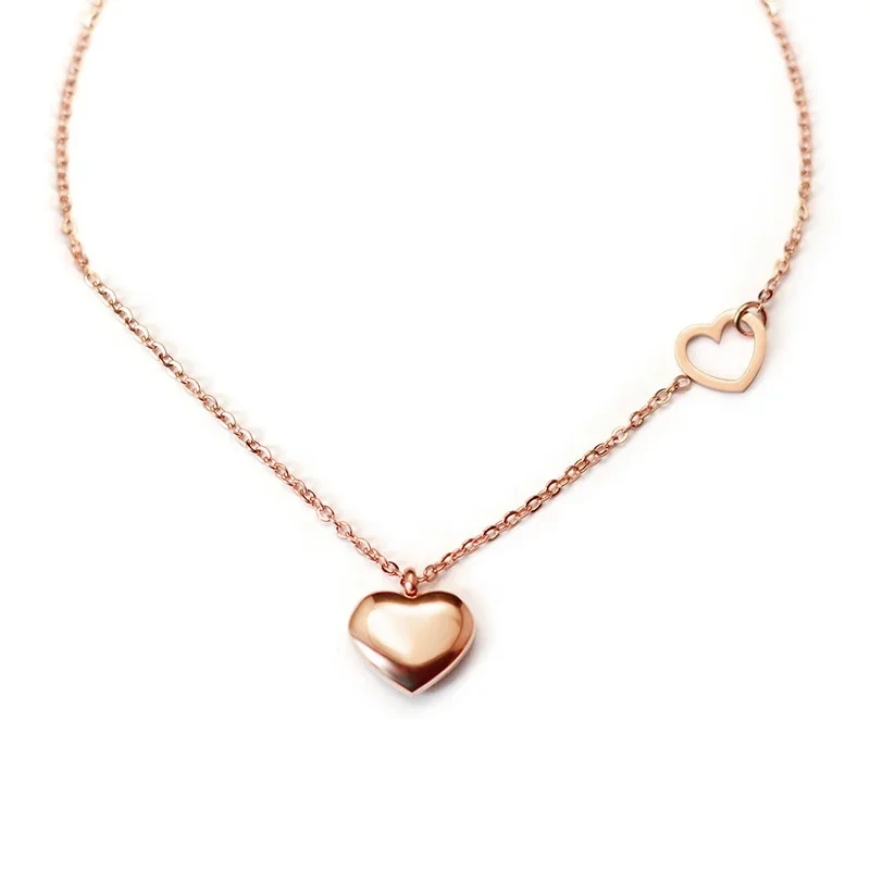 High Quality Elegant Double Dainty Heart Pendant Necklace Women Jewelry Fashion Titanium Steel Necklace 1