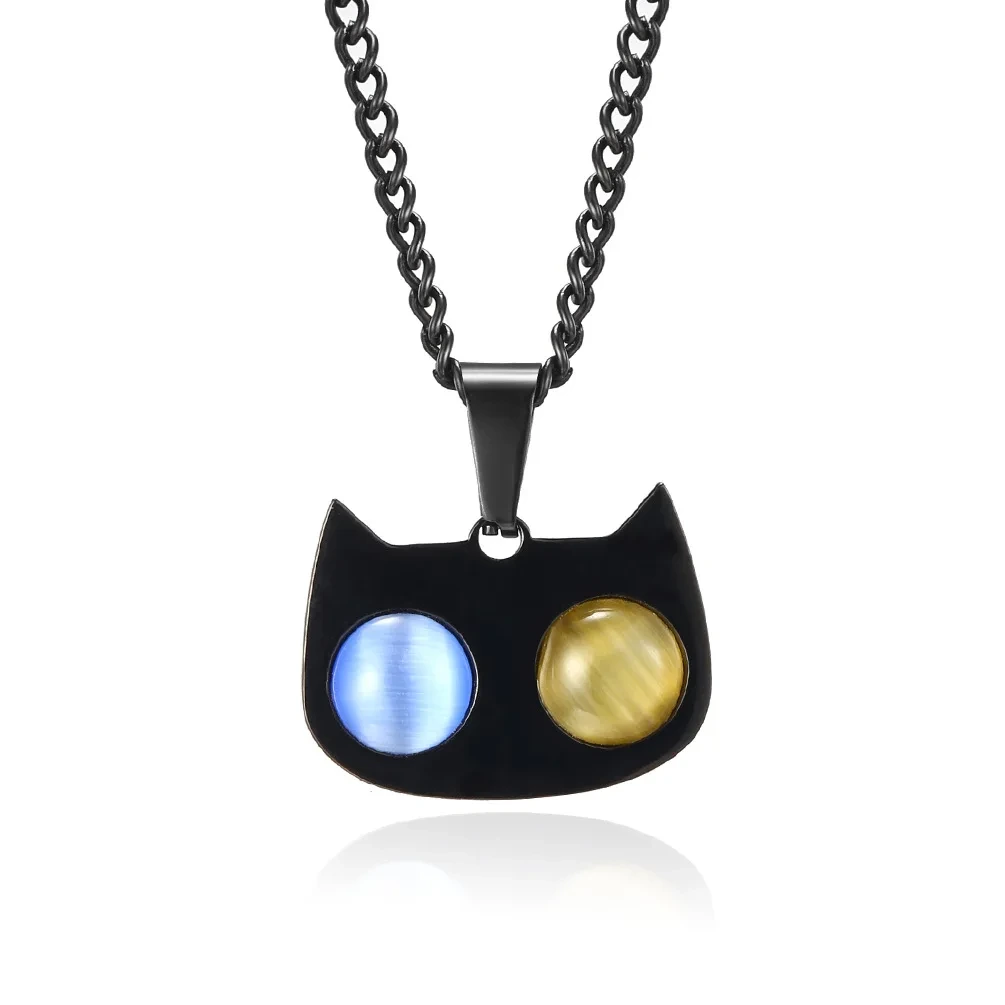 Fashion Titanium Steel Inlaid Cat's Eye Lovers Necklace Cute Cat Face Artistic Style Pendant Couple Pendant Necklace 1