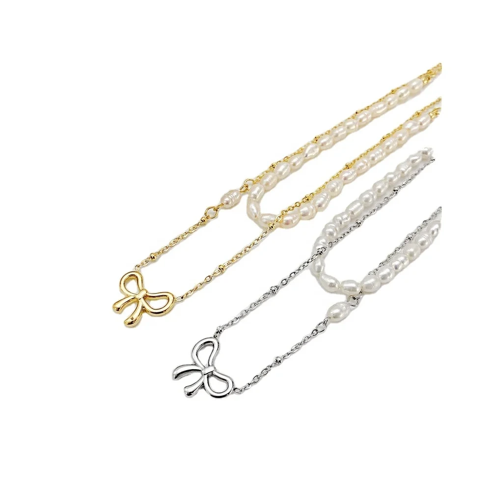 Fashion 18k Gold Pearl Titanium Steel Stackable Double Layers Freshwater Pearl Tarnish Free Necklace For Woman 1