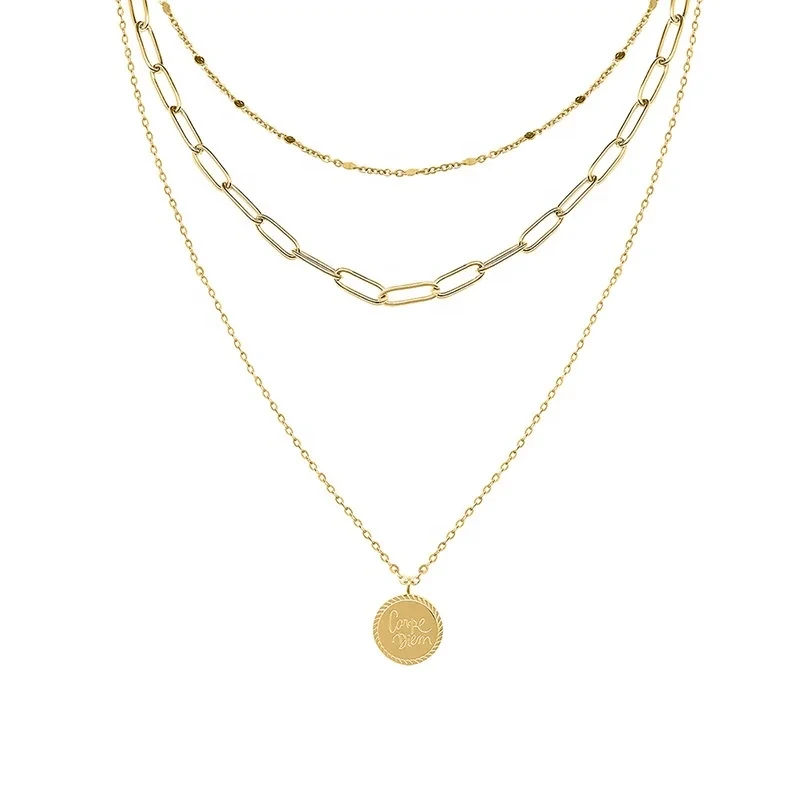 Trendy Letter Charms Three Layer Geometric Pendant Necklace Paperclip Chain Round Pendant Multi Layer Sweater Necklace 1