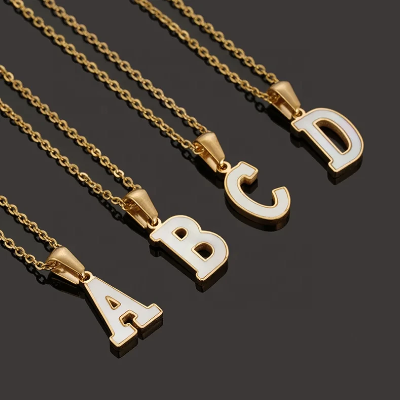 Stainless Steel 18k Gold Plated Chain White Shell Initial 26 Alphabet Letter Necklaces For Men Woman 1