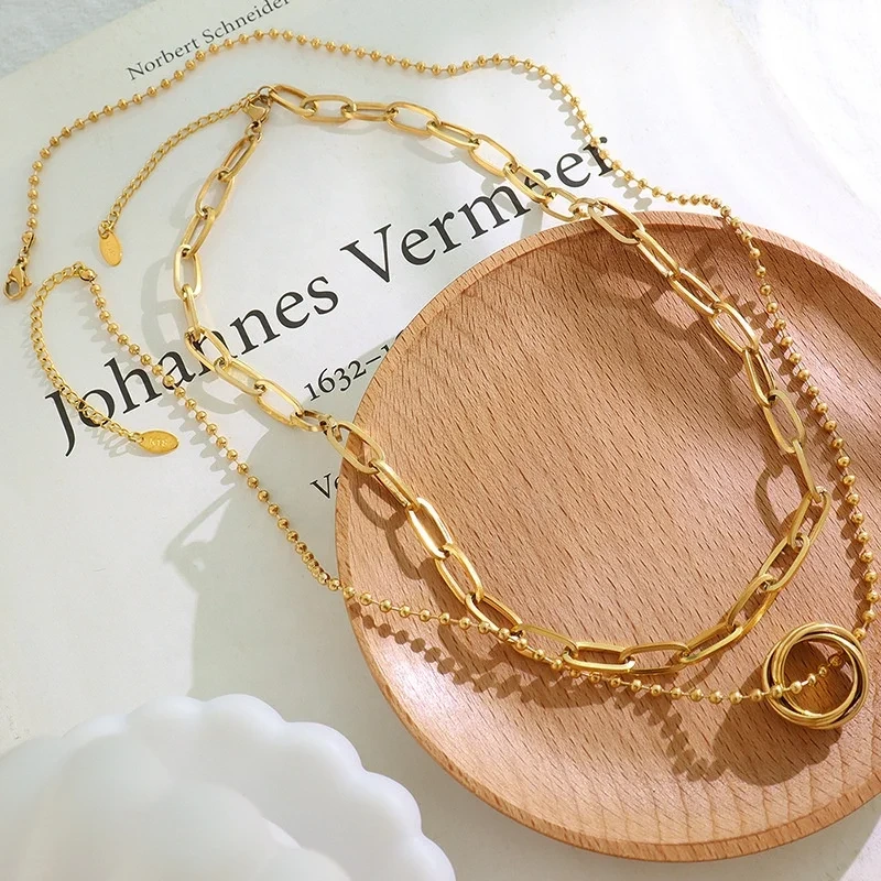 Fashion 18k Gold Jewelry Detachable Ring Pendant Women Men Double Layer Niche Stainless Steel Necklace 1
